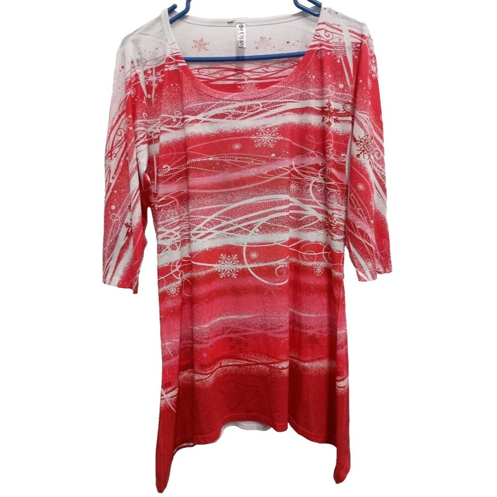 Artisans Wearable Art Tunic Top Medium‎ Red White Abstract Sharkbite 3/4 Sleeve